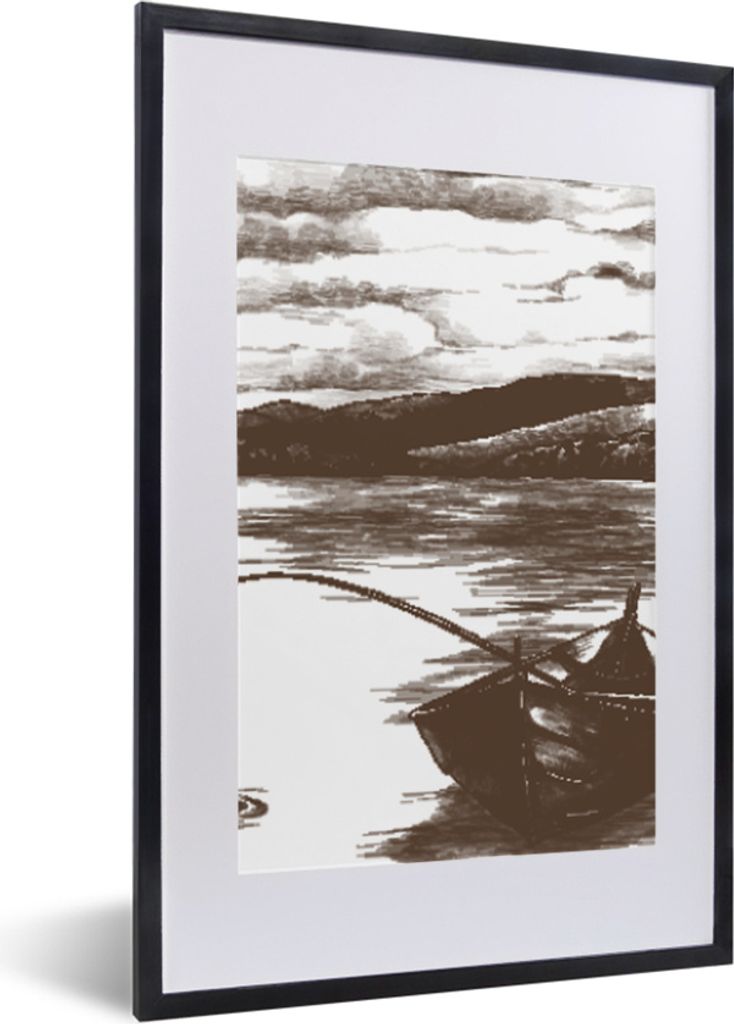MuchoWow MuchoWow Gerahmtes Poster Boot - Meer - Angelrute 40x60 cm - Poster mit zchwarzem Bilderrahmen - Poster in Rahmen