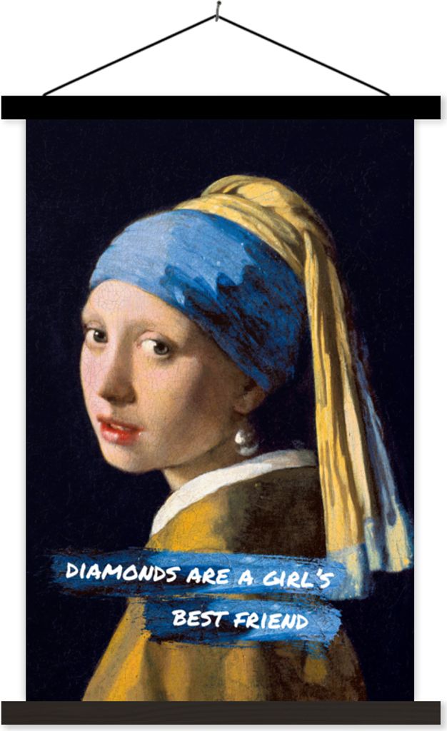 MuchoWow Textilposter Vermeer - Das Mädchen mit dem Perlenohrring - Zitat 60x90 cm mit schwarzem Rahmen - Poster Wohnzimmer