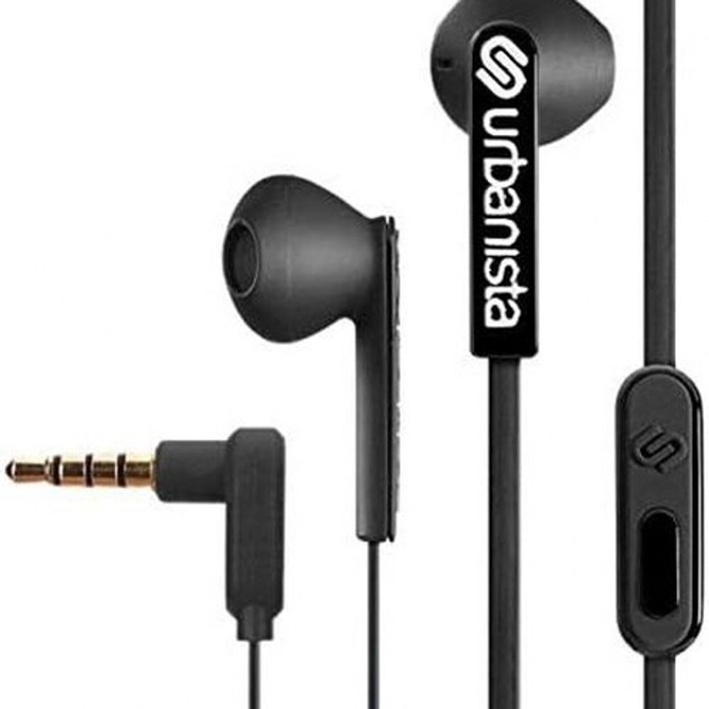 A close-up studio shot of black Urbanista in-ear headphones against a white background.