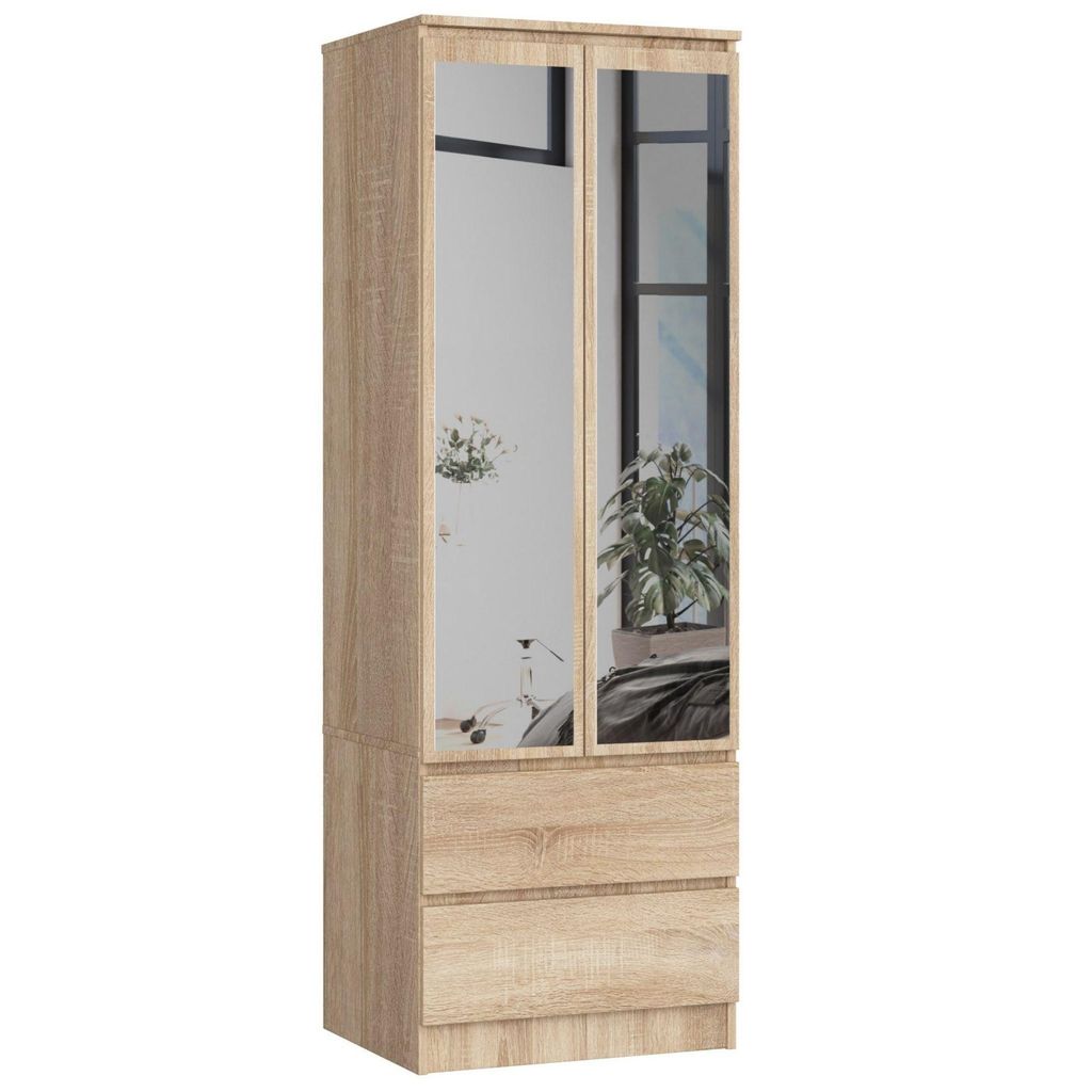Kleiderschrank – Schrank 2 Türen – Schlafzimmerschrank – STAR – 60 cm – Sonoma Eiche – Kompakter Drehtürenschrank mit Spiegel und 2 S...