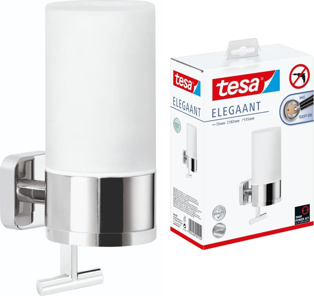 A product shot of a wall-mounted soap dispenser next to its retail packaging.