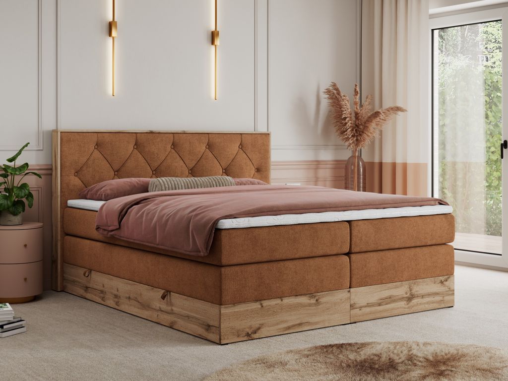 MKS MEBLE King Boxspringbett 180x200 mit Bettkasten Eiche, Polsterbett 180x200 mit Matratze H4, Bett 180x200 mit Kopfteil, Bett mit Holzrahmen in W...
