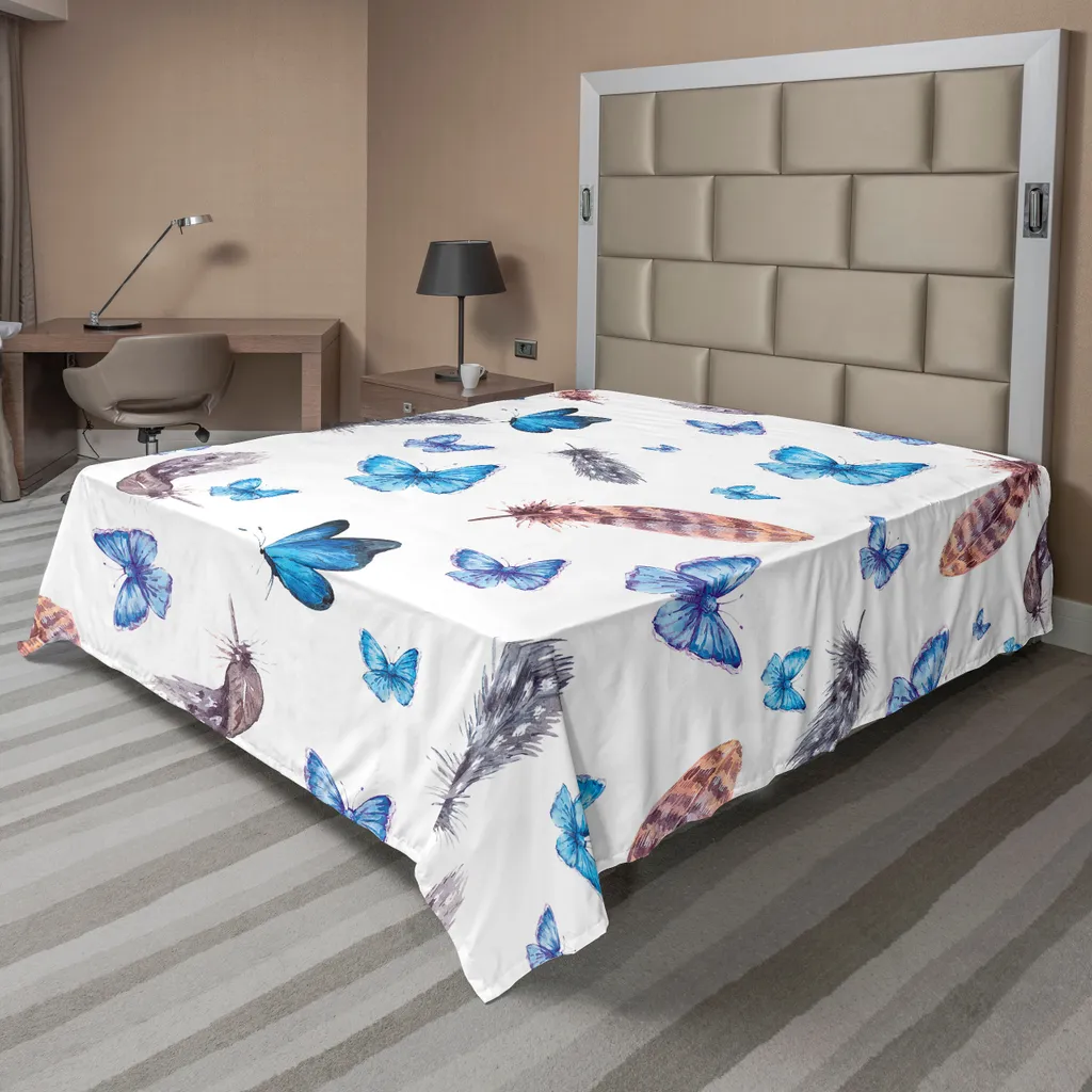 Grand drap plat pour lit décoratif 260x228 cm, motif plumes et oiseaux
