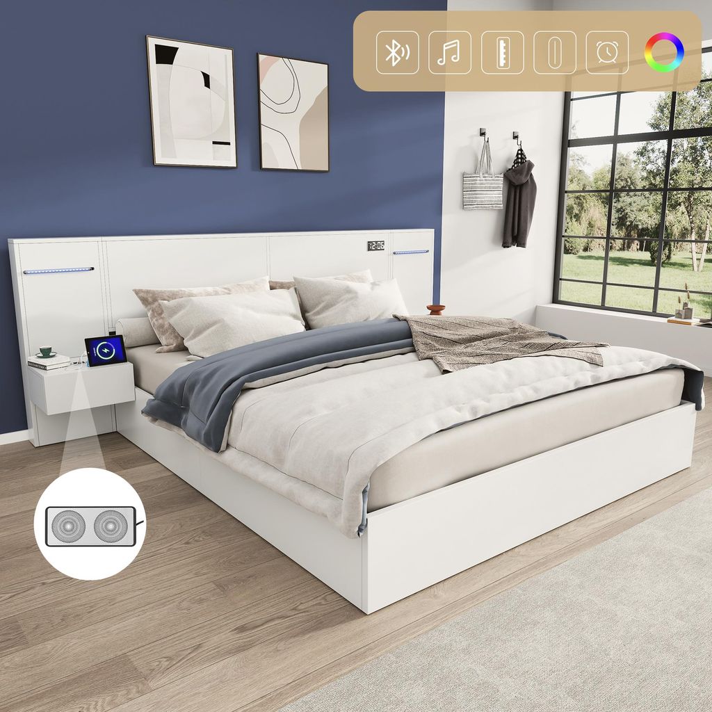 Sweiko Doppelbett 160x200cm, Holzbett, mit USB-Anschluss, elektronischer Uhr, Bluetooth-Lautsprecher, Farblichtleiste, integrierter Matratze, 2 Nac...