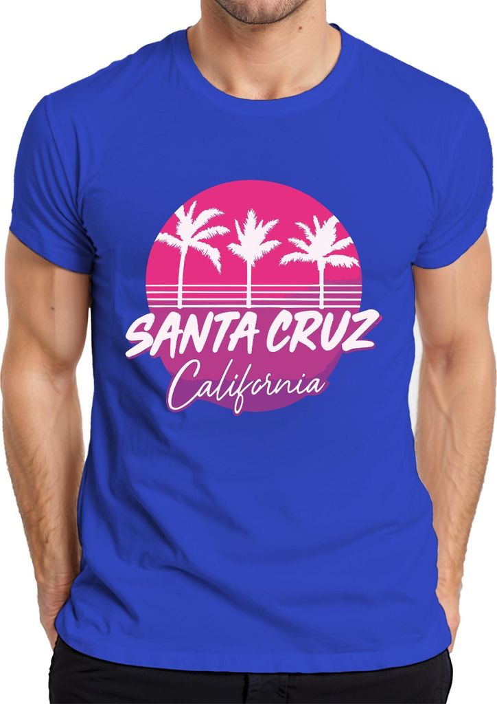 Santa Cruz California Palmen Retro Surfer Strand Küste Urlaub Herren T-Shirt, Blau, XXL