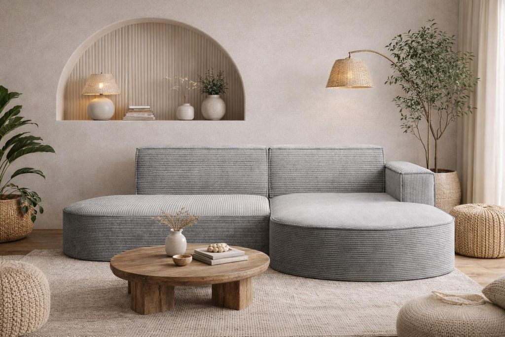 A modern living room scene featuring a sectional sofa, coffee table, and floor lamp.