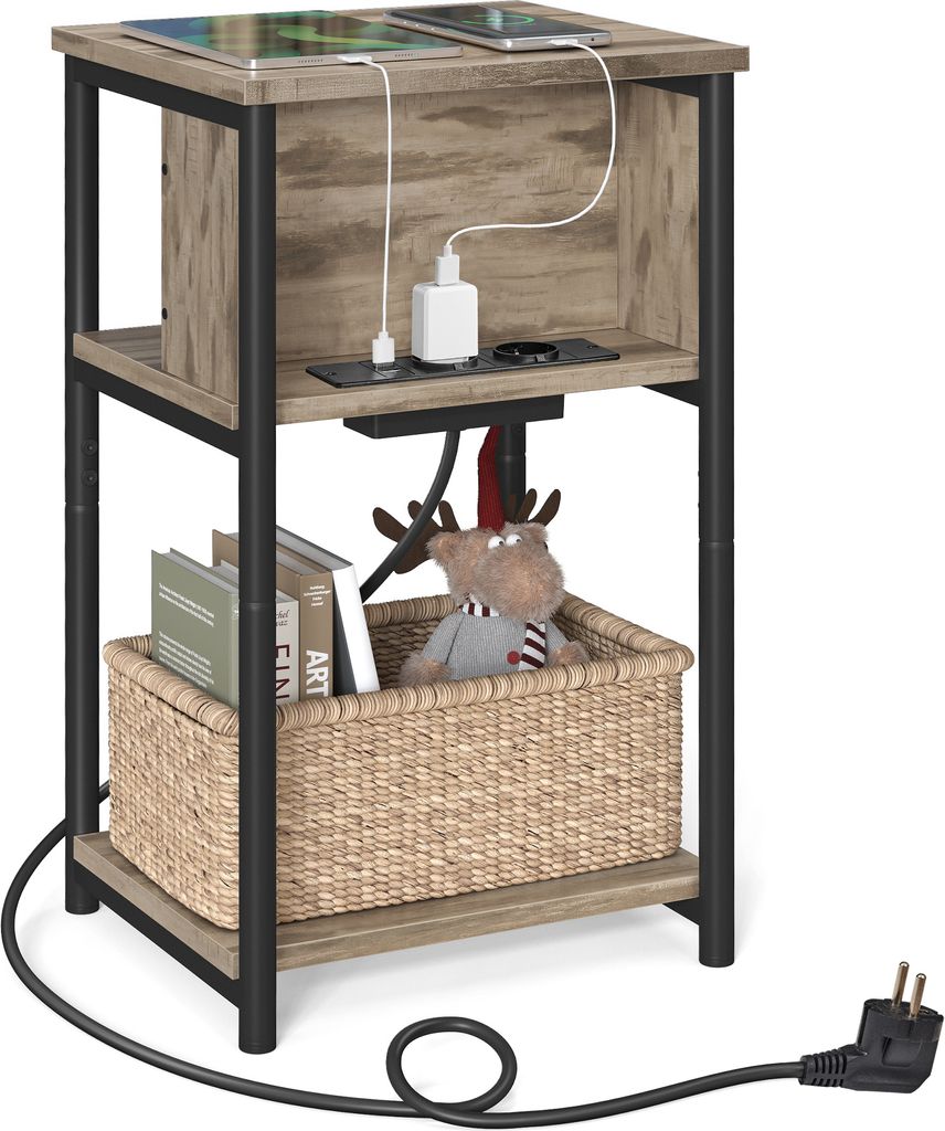 A three-tiered side table with a wood-grain finish and black metal frame, featuring integrated charging ports and a woven basket.