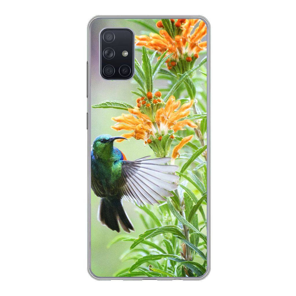 MuchoWow Handyhülle Schutzhülle Hülle für Samsung Galaxy A71 Nahaufnahme eines bunten Vogels neben Pflanzen mit orangefarbenen Blüten Siliko...