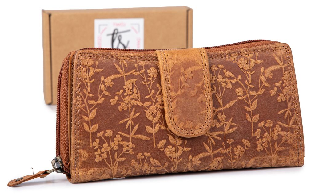 Ekavale Damen Geldbörse Portemonnaie groß Echtleder RFID Blumen Vintage Braun