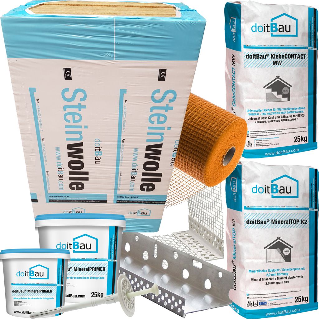 100m² WDVS Steinwolle 034 Komplettpaket mmom 120mm Fassadendämmung WLG034 WDVS Putzträgerplatte Dämmplatte VWS Mineralwolle Wärmedämmung System
