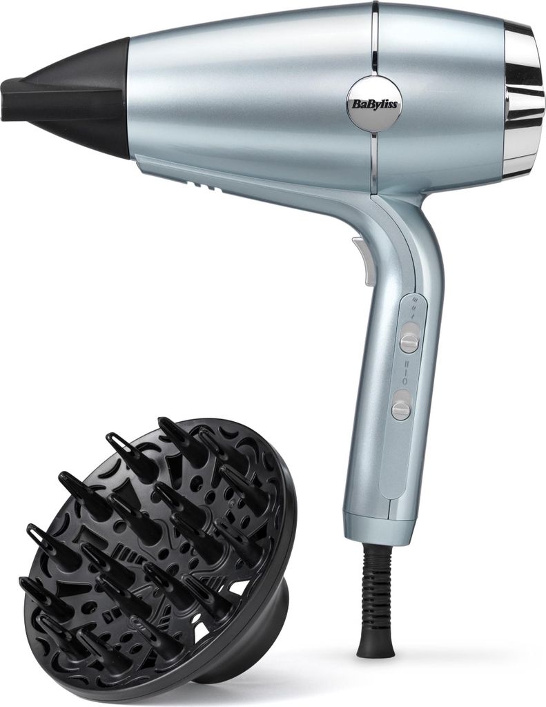 A silver hairdryer and a black diffuser attachment are shown against a white background.
