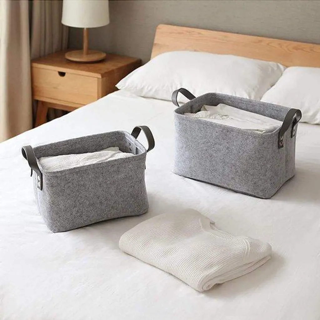 Boîte en feutre gris avec poignée en cuir pour jouets et livres - 35cm