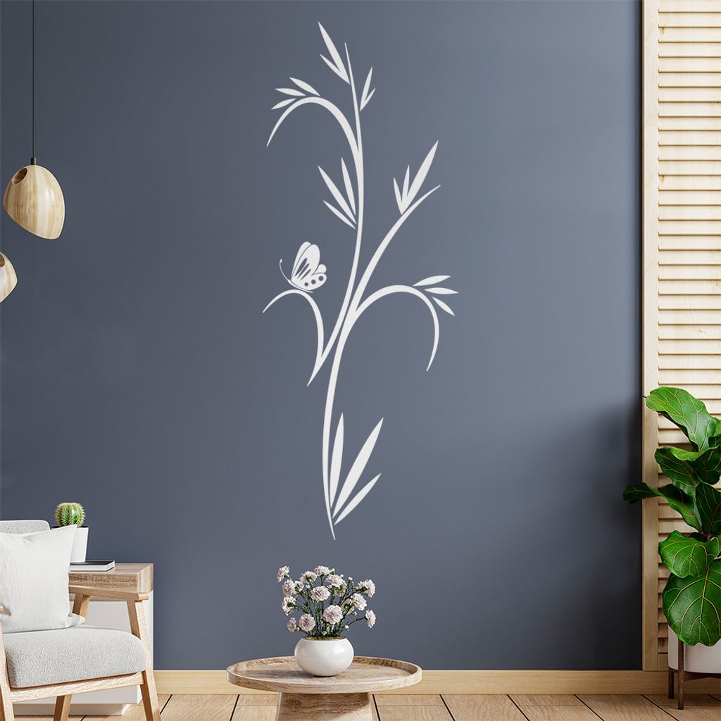 kleiner Schmetterling - Pflanze - Bambus Wandtattoo in 6 Größen - Wandaufkleber Wall Sticker - Dekoration, Küche, Wohnzimmer, Schlafzimmer, Bade...