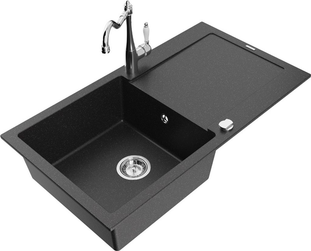 Mexen Leo 1 Becken-Granitspüle mit Abtropffläche und Mischbatterie Carla, Schwarz/Silbermetallic - 6501-73-670700-00