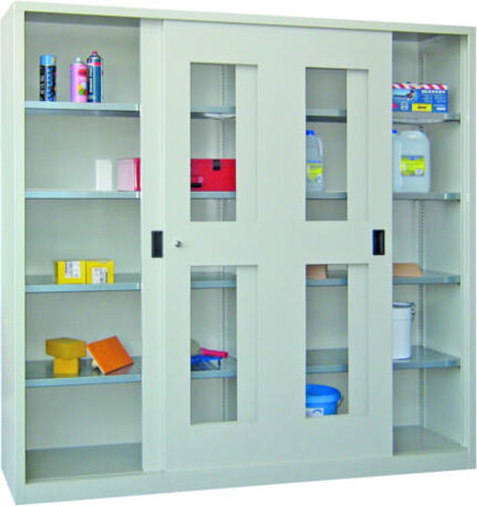 Schiebetürenschrank - Sichtfenstertüren - 1.950x2.000x600 mm (HxBxT) - 8 Böden, verzinkt - Zylinderschloss - anthrazitgrau/tiefschwarz