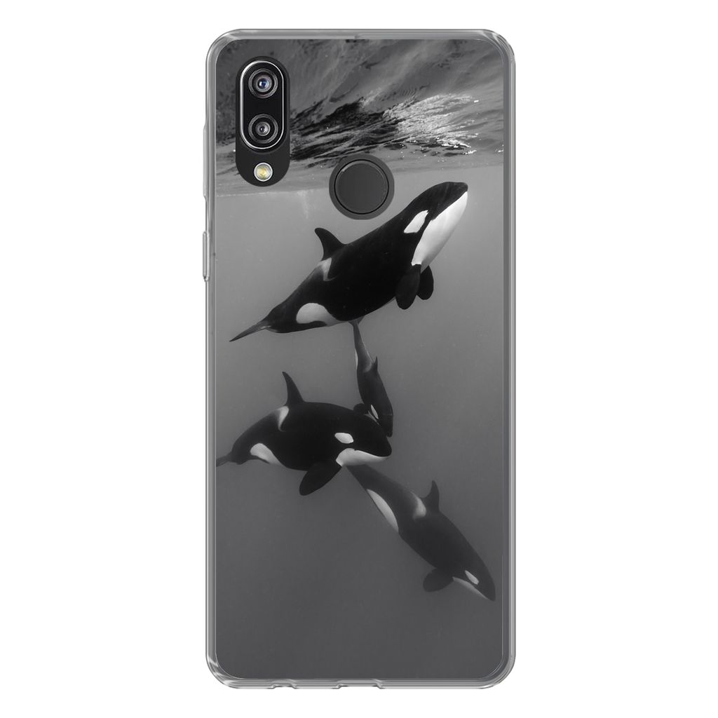 MuchoWow Handyhülle Schutzhülle Hülle für Huawei P20 Lite (2020) Orca - Wasser - Schwarz - Weiß Silikon Softcase Handy Hülle - Kartenhalter