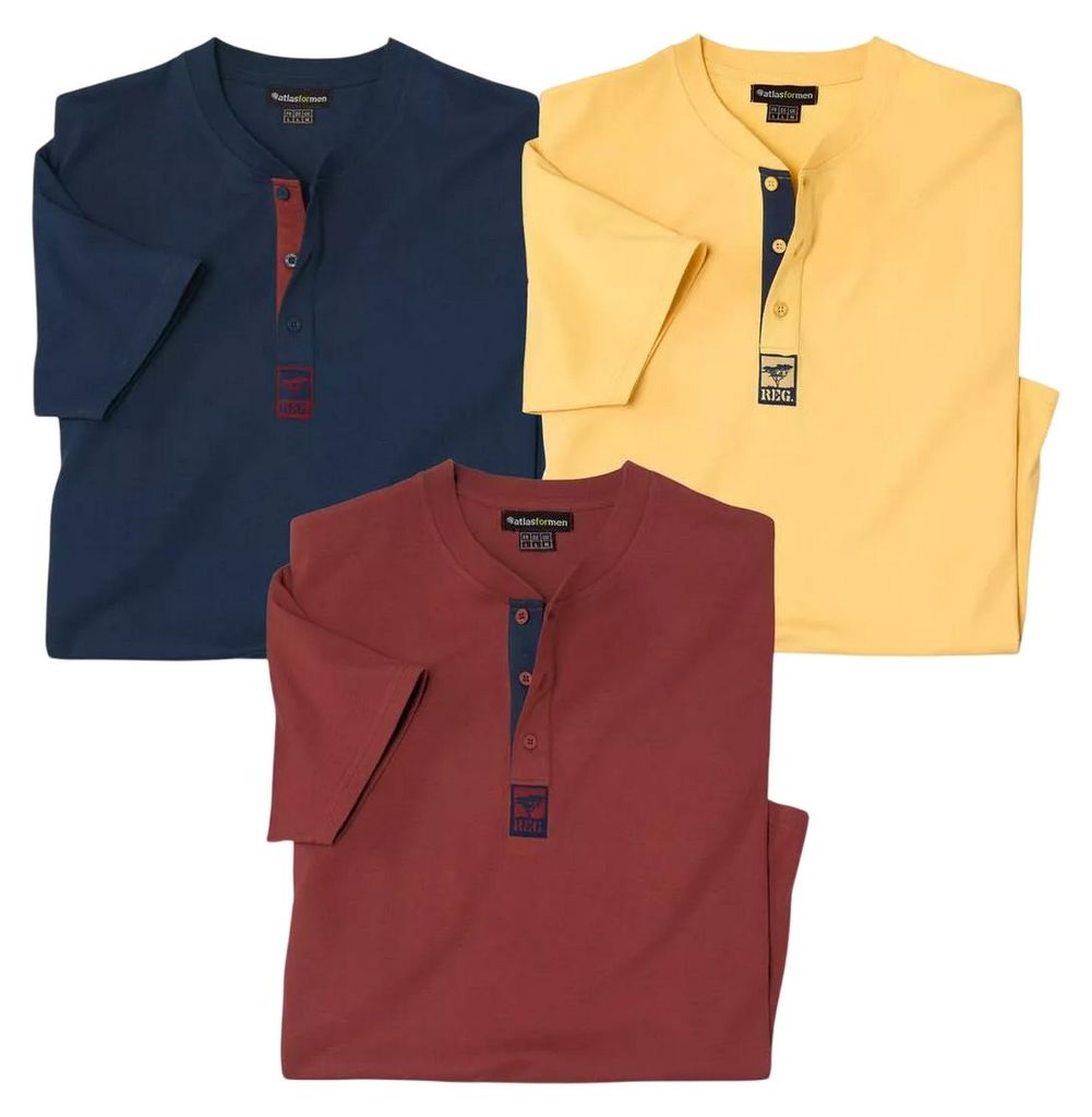 Atlas For Men - T-Shirt Knopfhals für Herren(3er-Pack) AF4208 (M) (Dunkles Marineblau/Gelb/Terrakotta)