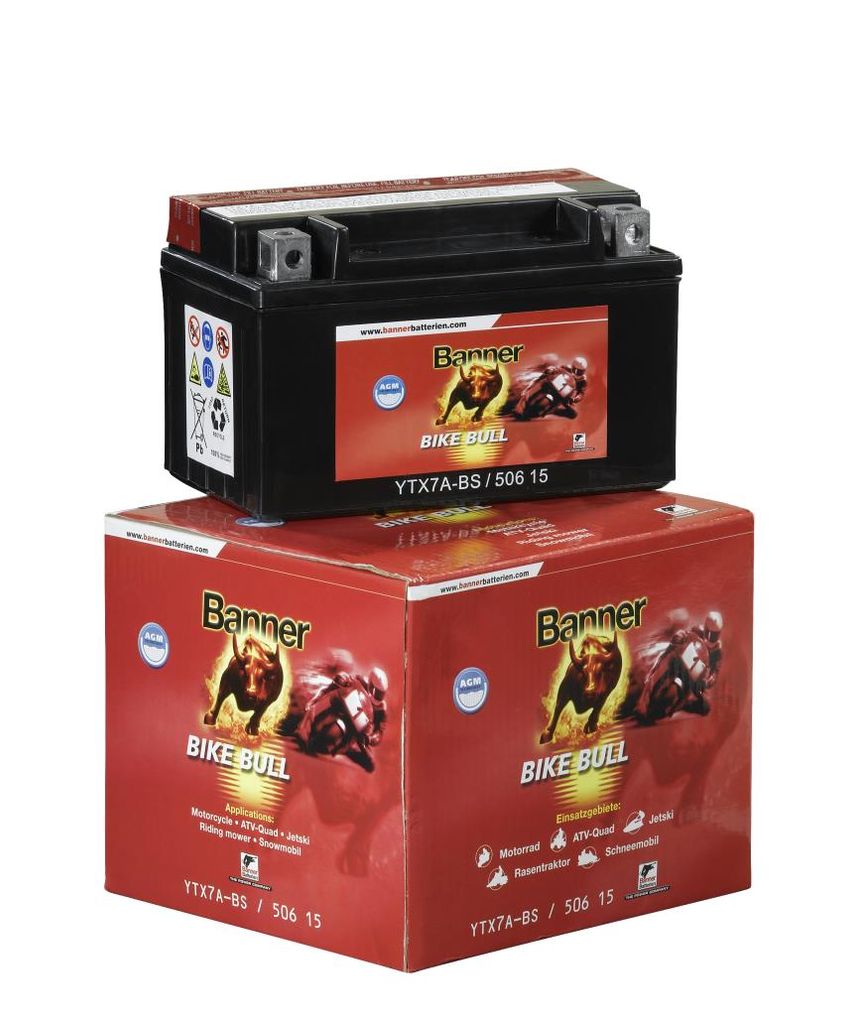 A motorcycle battery and its packaging are shown against a white background.
