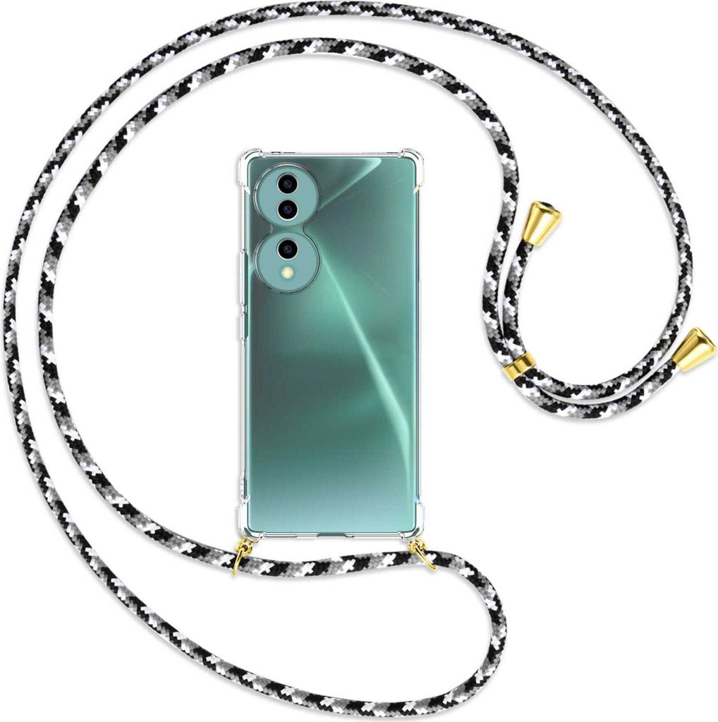 Handykette Backcover-Schutzhülle mit Band (Metall goldfarben) für Honor 70 5G (FNE-AN00, 6.67'') - schwarz/grau/weiß