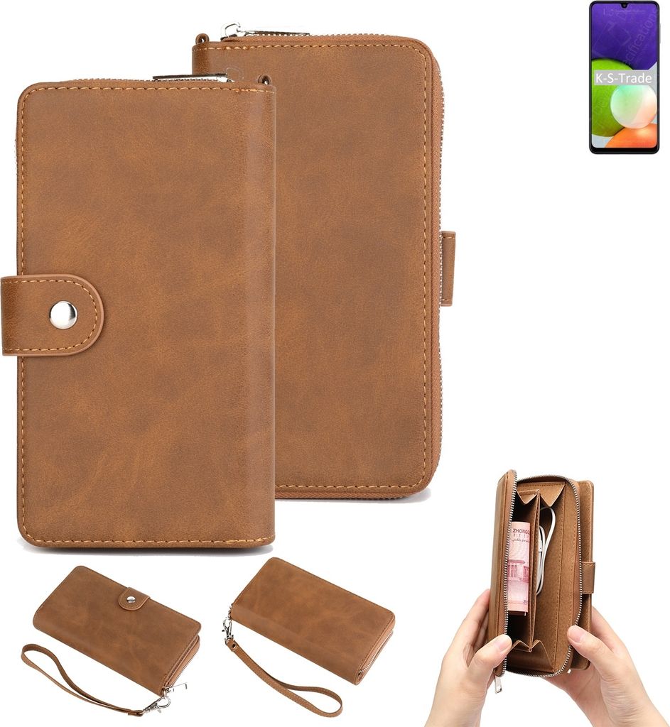 K-S-Trade Handyhülle Schutzhülle kompatibel mit Samsung Galaxy A22 & Portemonnee Tasche Handytasche Case Etui Geldbörse Wallet braun (1x)