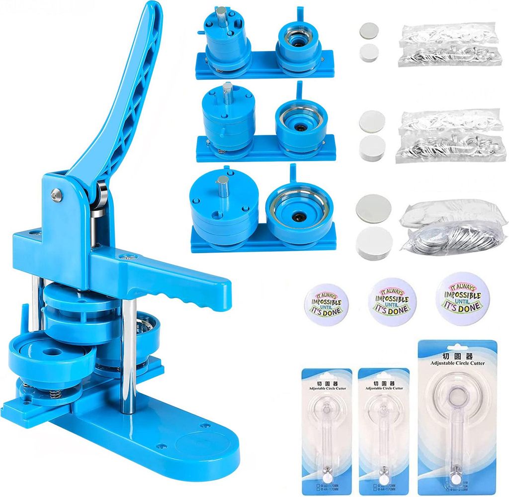 DIY Button Maker Maschine 25/32/58mm, Button Presse mit 300 Button Teilen, Blau, Einfache Bedienung, Ergonomisch, Kreatives Bastelset