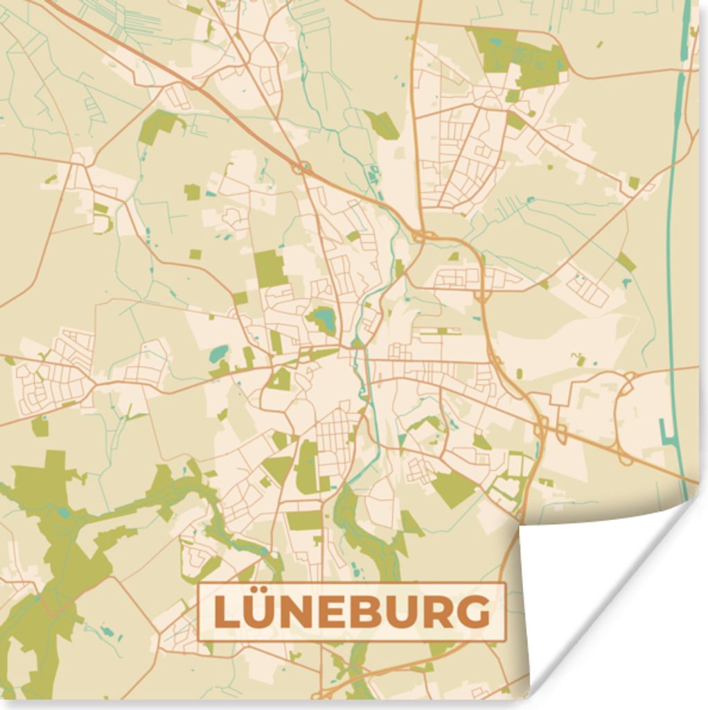 MuchoWow Poster Lüneburg - Karte - Vintage - Stadtplan 100x100 cm - Babyzimmer