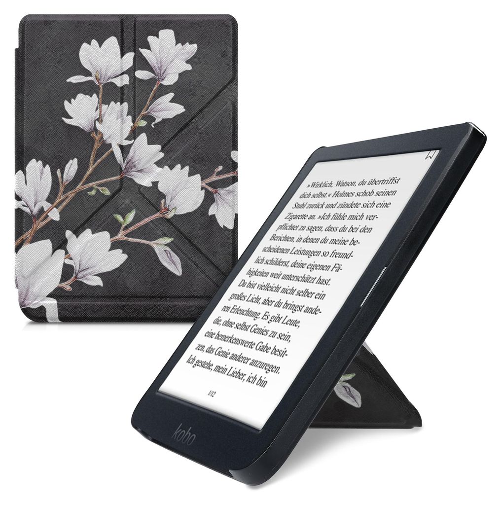 kwmobile Schutzhülle kompatibel mit Kobo Nia - Hülle Kunstleder - eReader Cover Case - Magnolien Taupe Weiß Dunkelgrau