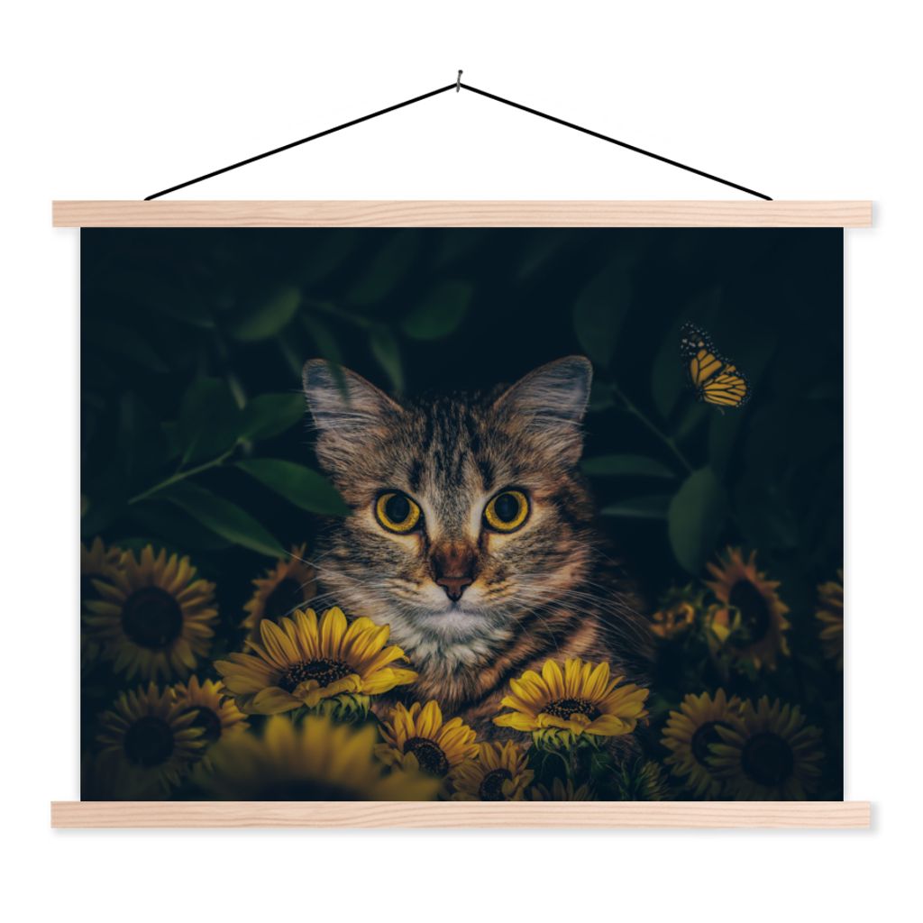 MuchoWow Textilposter Katze - Gelb - Blumen - Botanisch 120x90 cm mit holzfarbenen Rahmen - Magnetisch