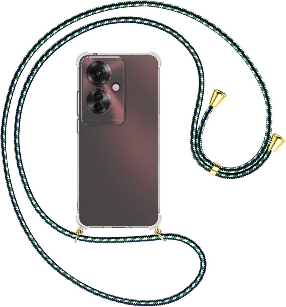 Handykette Backcover-Schutzhülle mit Band (Metall goldfarben) für Oppo Reno11 F 5G - grün/blau/weiß