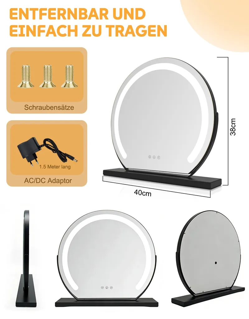 Miroir de courtoisie à LED noir avec 3 modes d'éclairage variable - 5