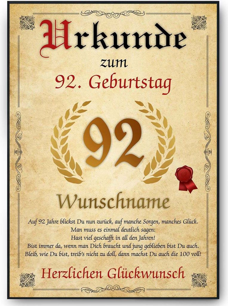 Urkunde zum 92. Geburtstag personalisiertes Geschenk Jahrgang 1933 Geburtstagsurkunde 92 Jahre Geburtstagsgeschenk – DIN A4 (21x29.7cm)
