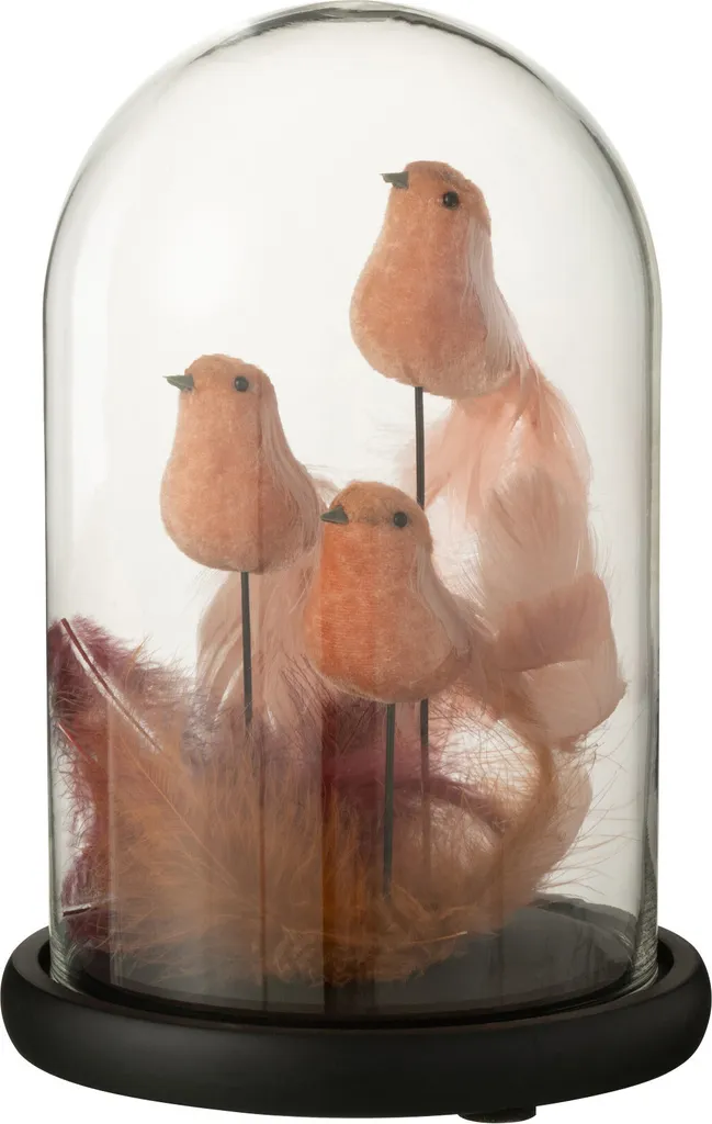 Cloche en verre J-Line 3 oiseaux et plume rose bordeaux décoration
