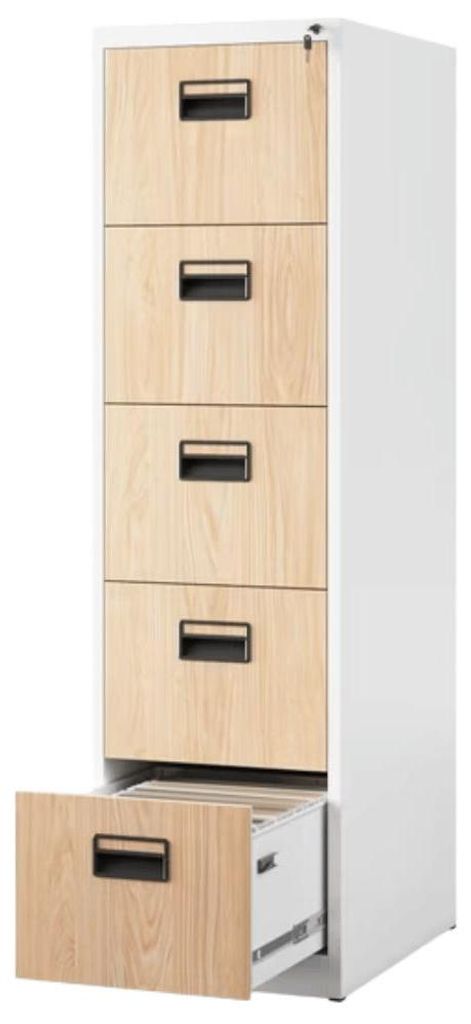 Hängeregisterschrank abschließbar SARA 5 Schubladen mit Schloss | Aktenschrank Büroschrank aus Stahl Metallschrank 163x46x62cm Weiß-Sonoma Eiche