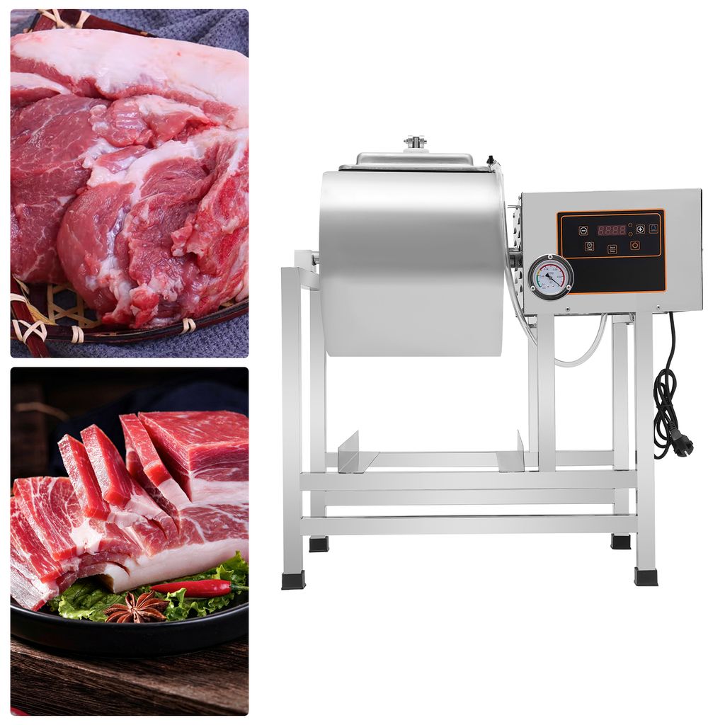 A collage showing raw meat and a commercial meat mixer.