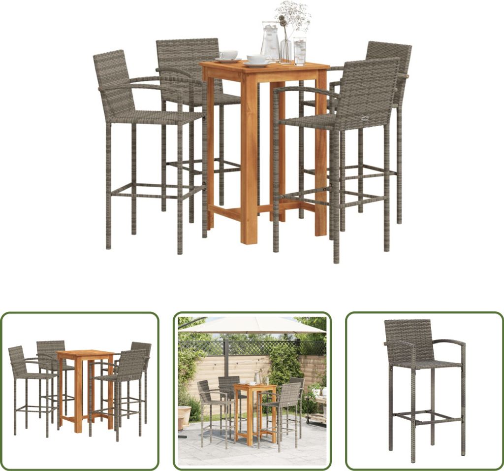 The Living Store 5-tlg. Gartenbar-Set Grau Massivholz Akazie und Poly Rattan