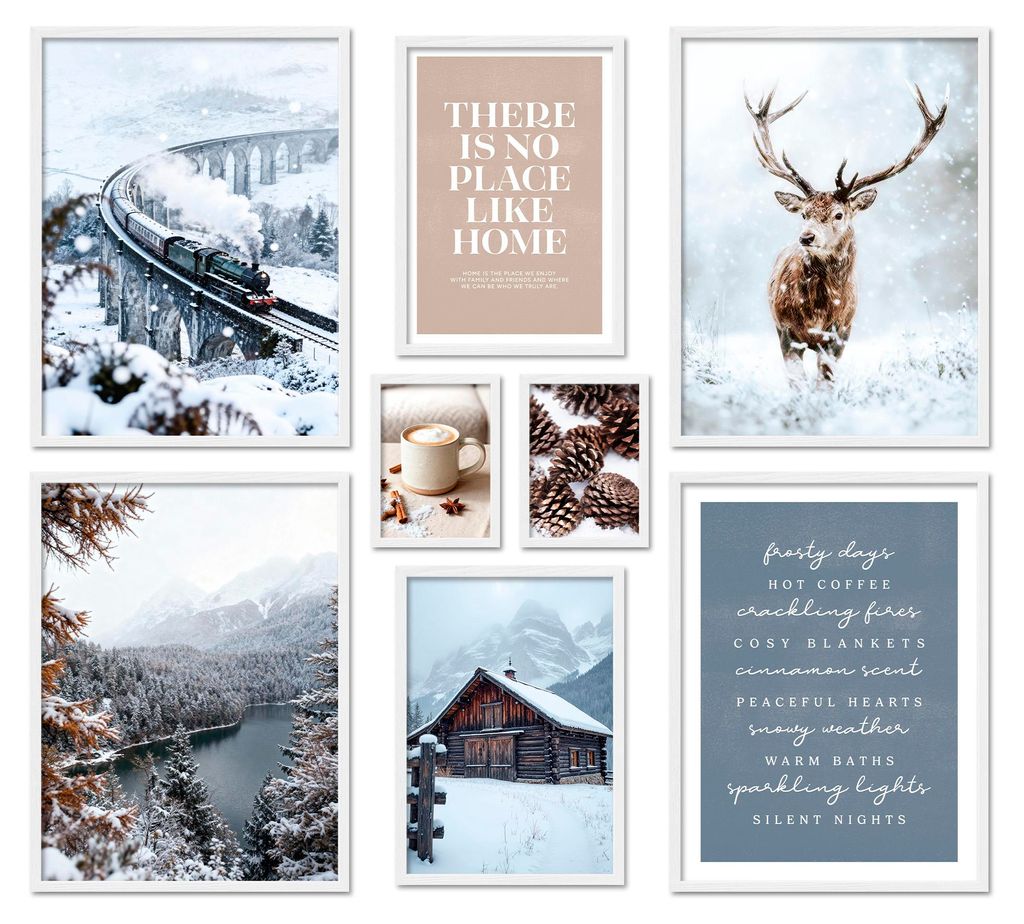 ARTFAVES Poster Set - Winter Dreams I mehrteilige Bilderwand für Wohnzimmer, Schlafzimmer I Wandbilder Winter I mit Rahmen Weiss