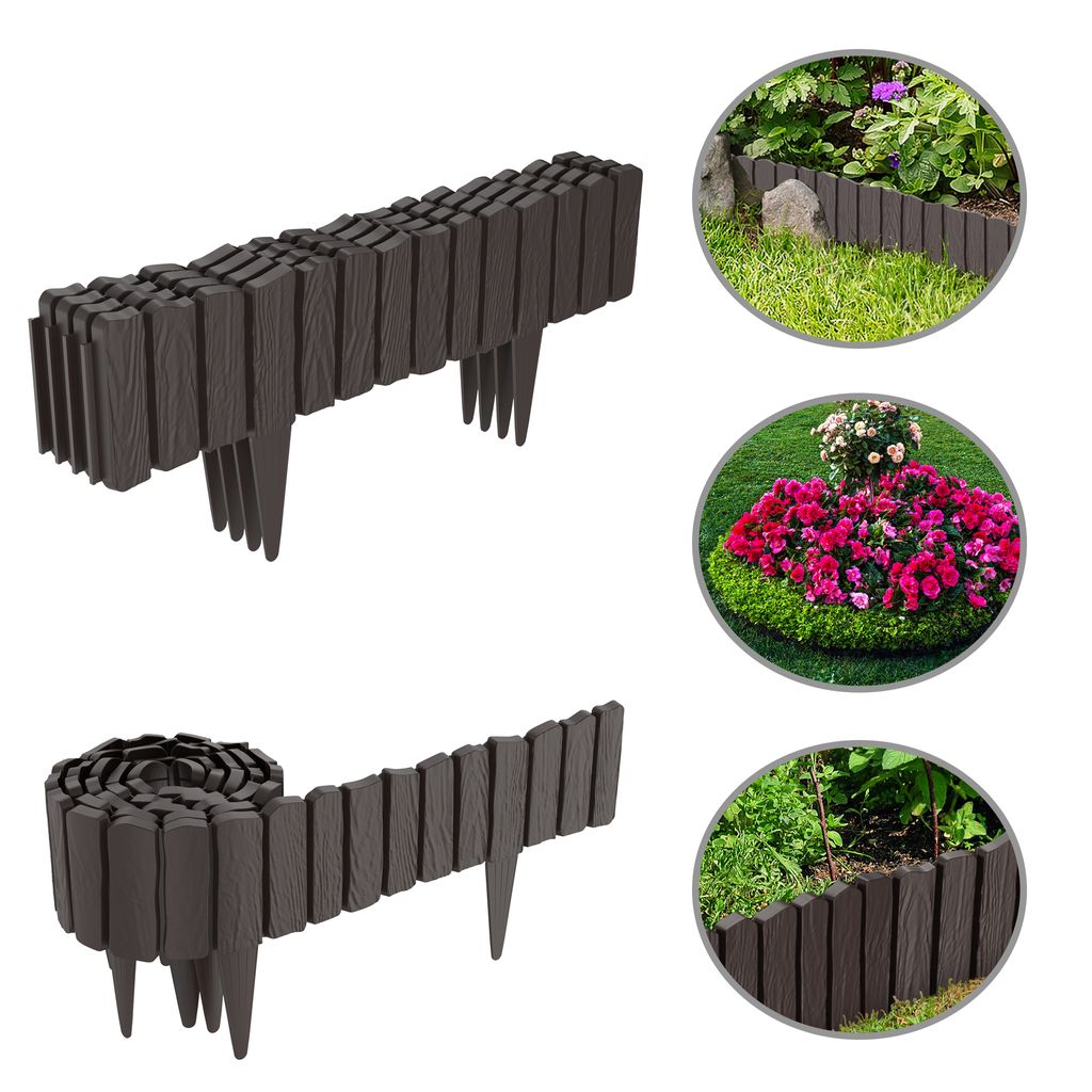 XMTECH 4,6m Gartenpalisade in Holzoptik, Rasenkante und Beetumrandung, dekorativer Beetzaun, Mähkante für den Garten, 8er Set, Braun