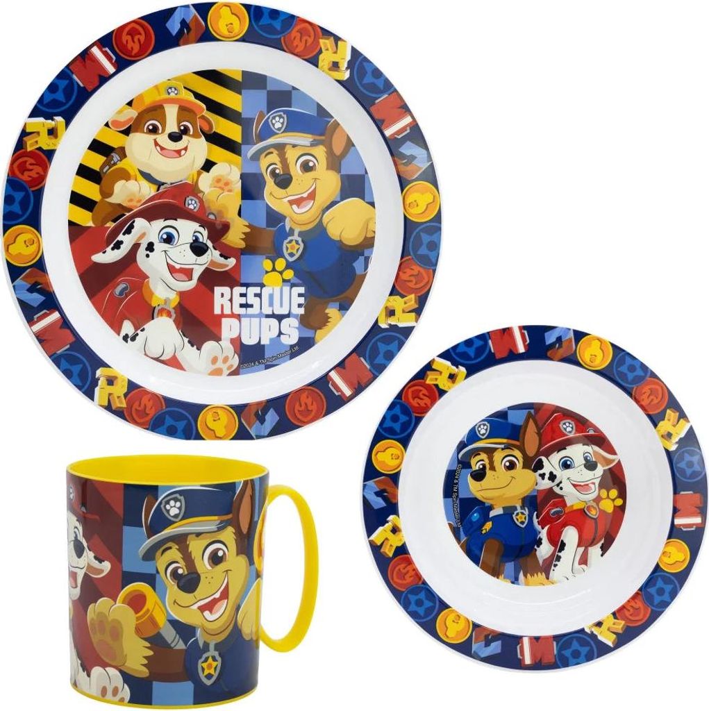 Paw Patrol Chase Rubble Kinder Geschirr-Set 3 teilig Becher Teller Schüssel