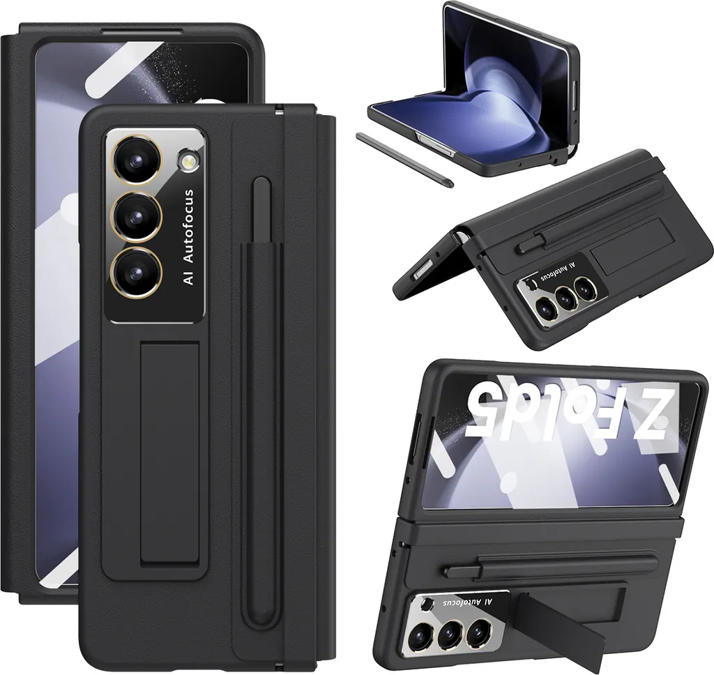 Custodia in pelle per Samsung Galaxy Z Fold 5 con cerniera in pelle, protezione dello schermo, supporto e porta stilo nero