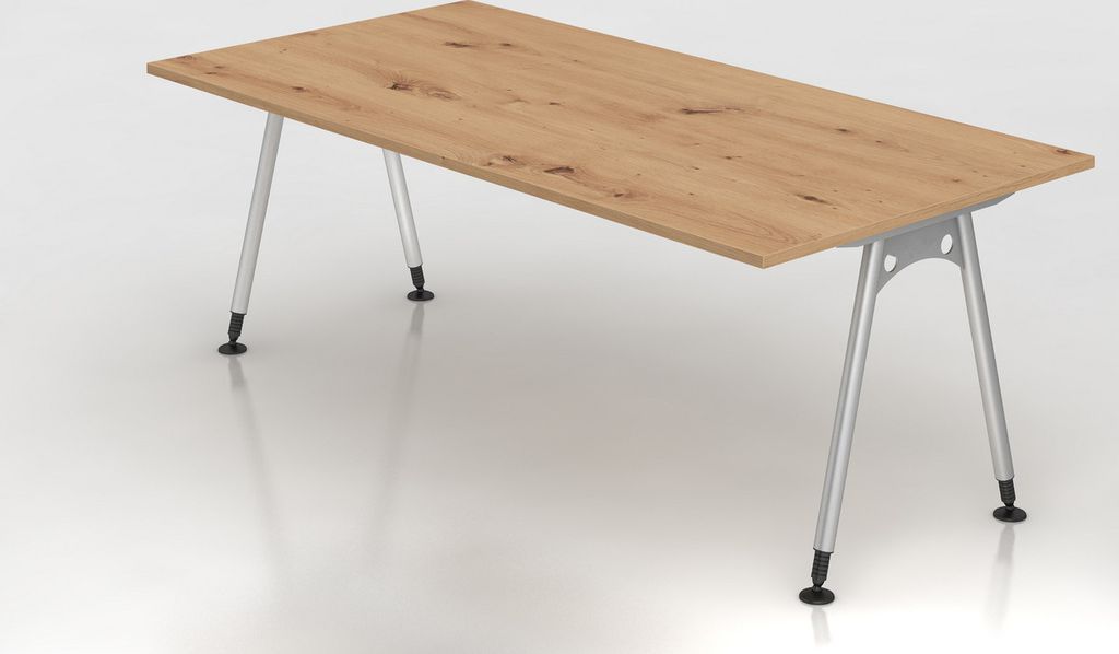 Schreibtisch Keijo | Asteiche | BxT 200x100cm | Höhe 68-76cm | stufenlos höhenverstellbar | A-förmiges Rundrohrgestell Silber | Rechteckform
