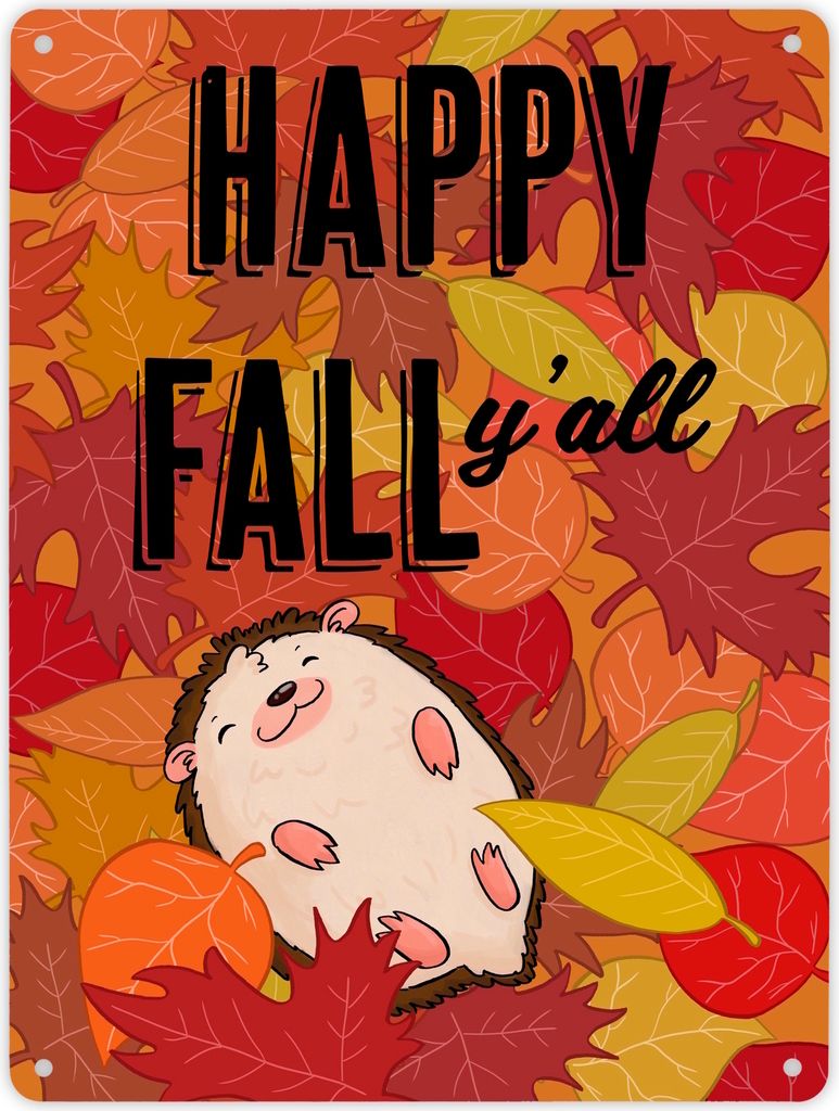 Igel im herbstlichen Laubhaufen Metallschild XL in 21x28 cm - Happy fall y'all