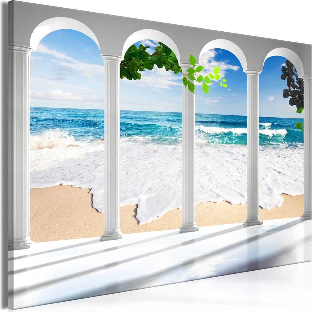 Modernes Wandbild Fensterblick 120x80 - 1 Teile Bilder Fotografie auf Vlies Leinwand Foto Bild Dekoration Wand Bilder Kunstdruck Meer Strand Landsc...