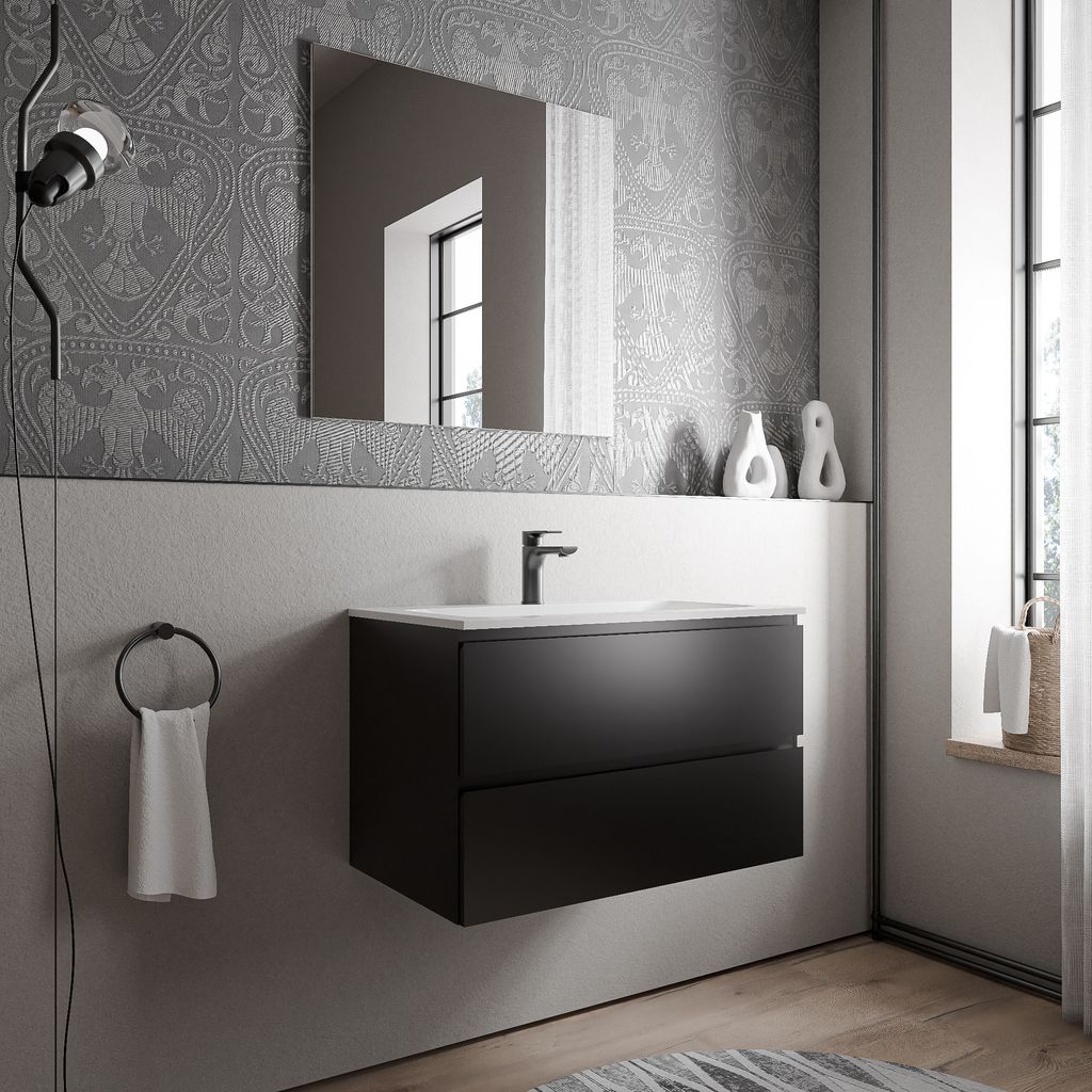 Unterschrank AVA 80 cm mit Mineralguss Waschbecken BRUXELLES - Farbe wählbar, Auswahl Waschbecken:Weiß matt mit Hahnloch, Farbe Badmöbel:Schwarz...