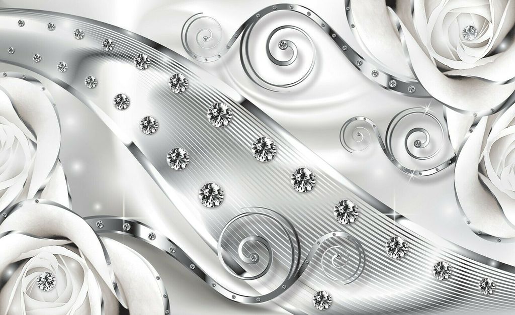 Fototapete 3D Abstrakt (416x254cm - 4 Bahnen) Diamanten Blumen Silber Wohnzimmer Schlafzimmer Wandtapete Vlies Tapete Latexdruck UV-Beständig Geru...