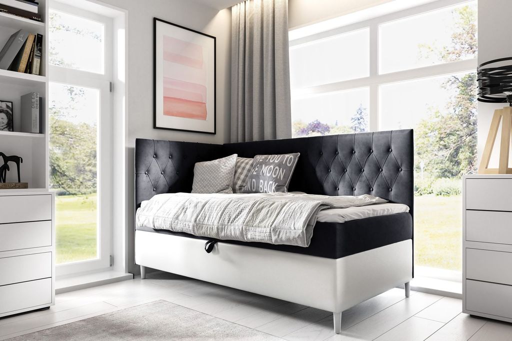 Kontinentales Bett 90x200 KAILI 3 - schwarz/weiß, Öffnung links + GRATIS Matratzenauflage
