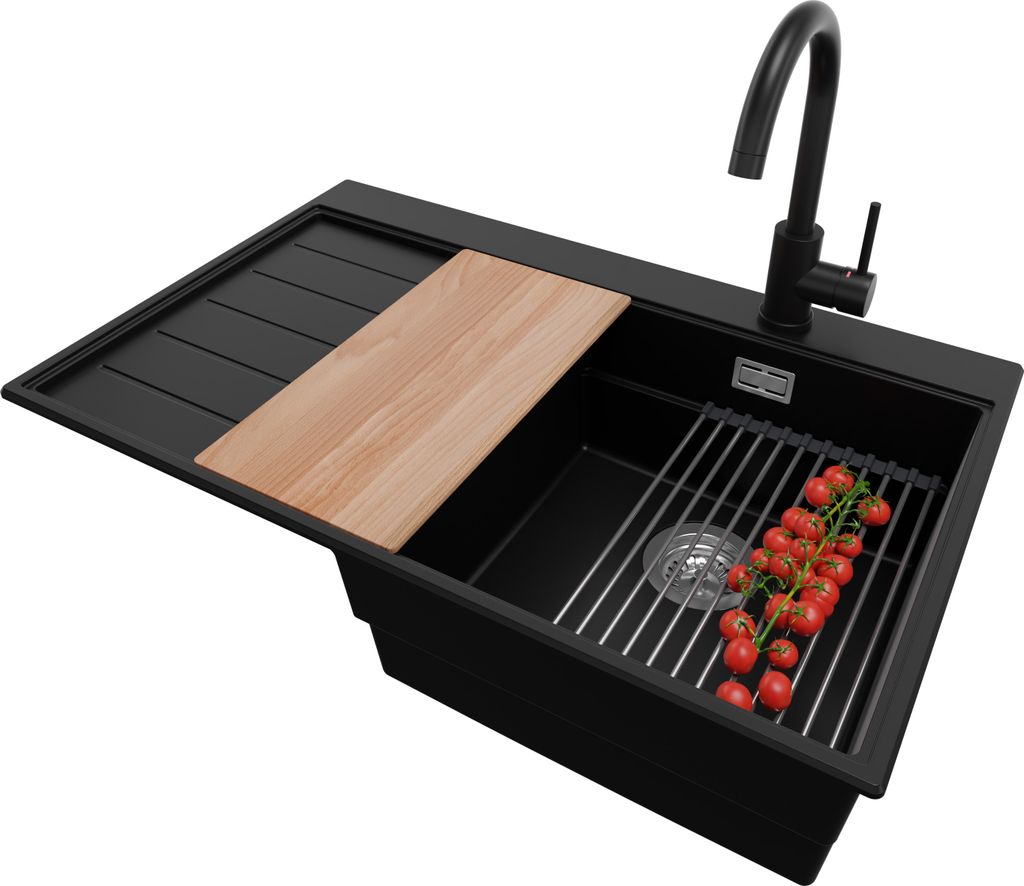PRIMAGRAN Granitspüle Schwarz 78x50cm, Spülbecken 1 Becken + Küchenarmatur 32x20cm + Ablauf-Set + Küchenzubehörset, Küchenspüle ab 45er Unte...