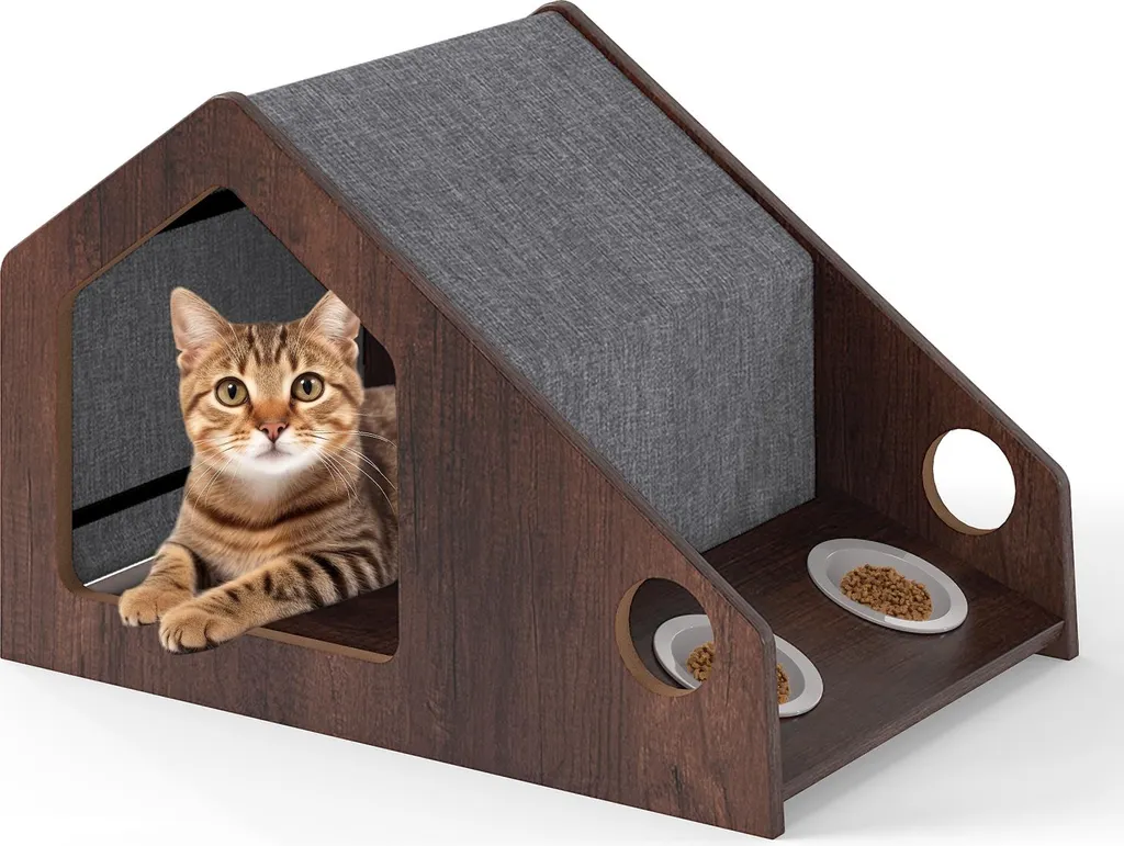 Casetta per Gatti COSTWAY 2 in 1: Villa con Ciotole in Ceramica Marrone
