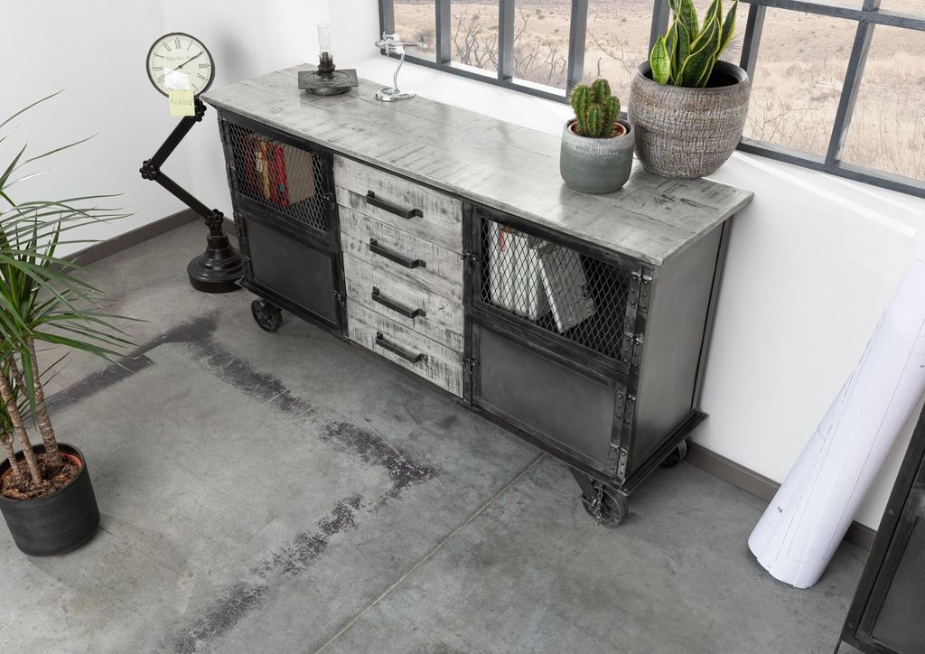 MASSIVMOEBEL24 Sideboard Mango 153x40x80 grau lackiert HEAVY INDUSTRY #153