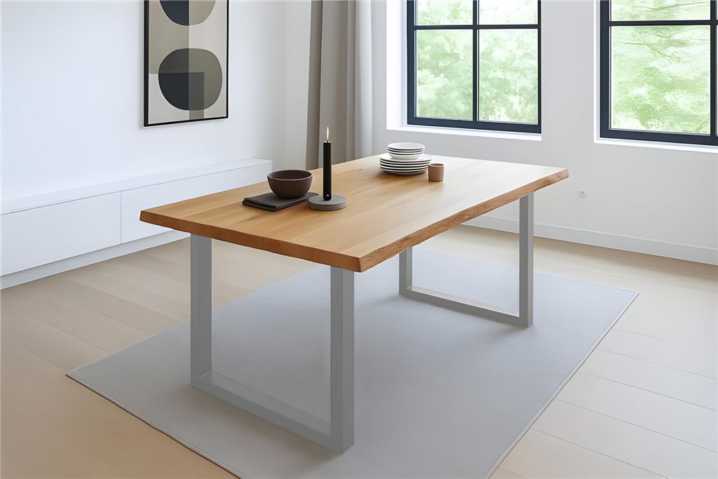 Refurbished Möbelretoure Esstisch Baumkante 180 x 90 cm Wildeiche U-Gestell silber SERRA