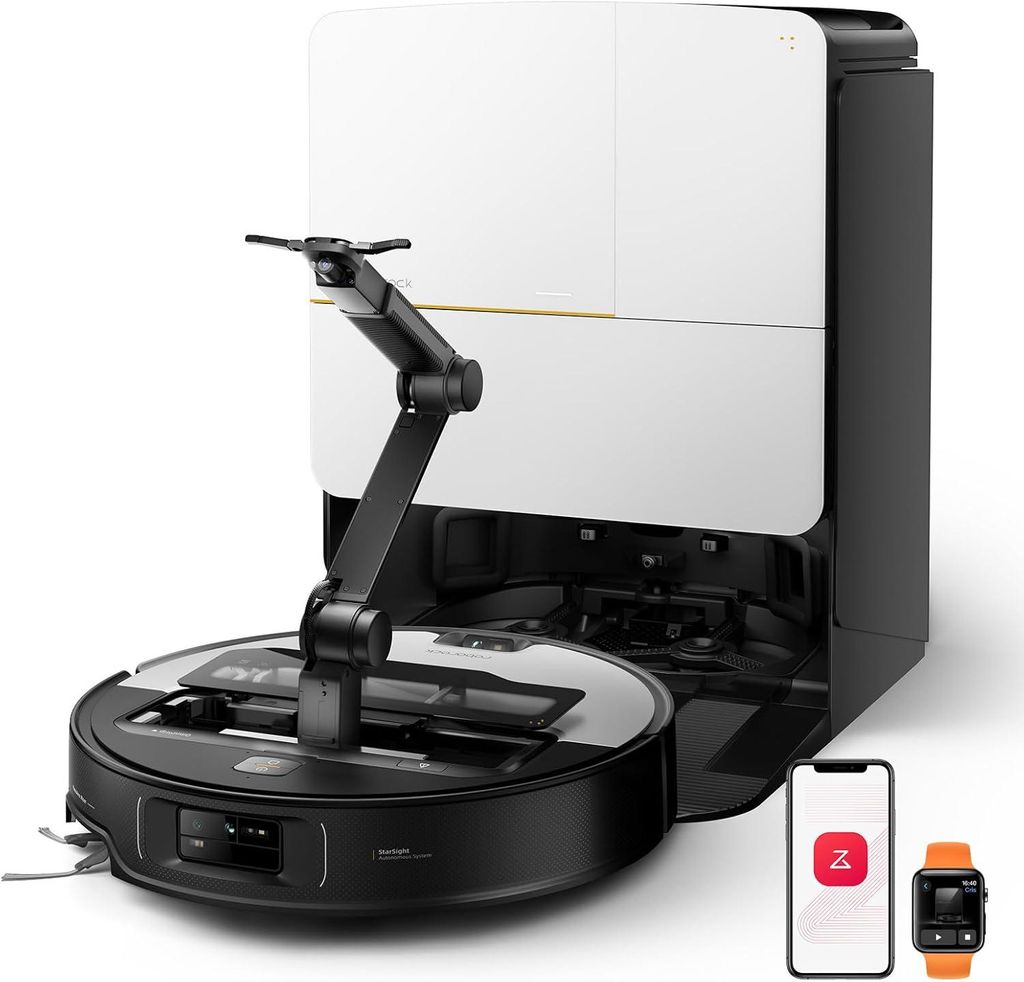 A robotic vacuum cleaner with a docking station and a robotic arm, shown with a smartphone and smartwatch displaying app interfaces.